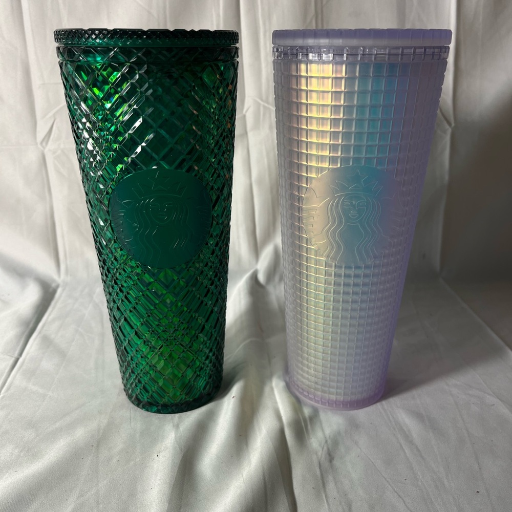 Starbucks Emerald and Iridescent Tumblers set no straws